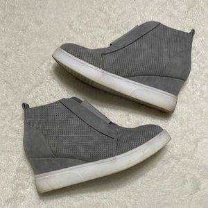 Gray leather heeled boots